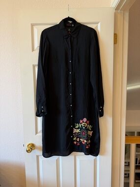 Johnny Was Black Embroidered Button-Down Shirt Dress - Women